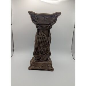 Vintage 1974 Praying Hands Ky Mold Kentucky Pedestal Candle Holder Brown Ceramic